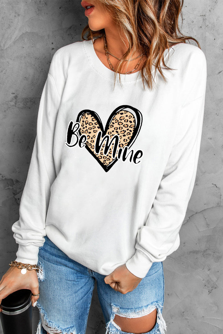 White Be Mine Leopard Heart Print Long Sleeve Pullover Sweatshirt