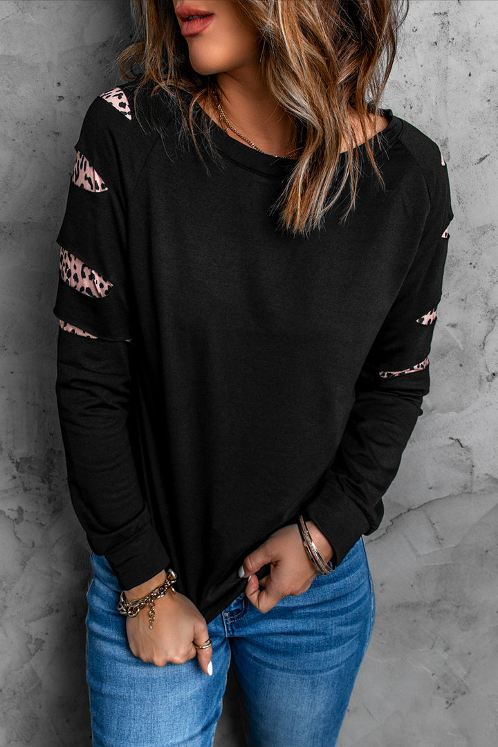 Womens Leopard Insert Long Sleeve Black Sweatshirt