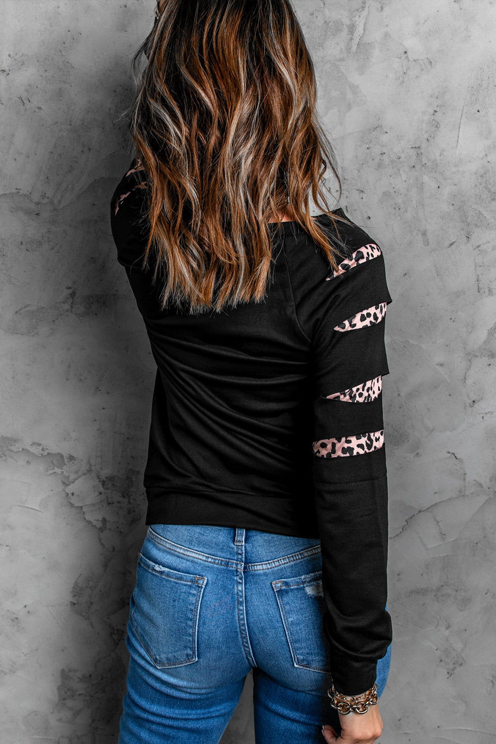 Womens Leopard Insert Long Sleeve Black Sweatshirt