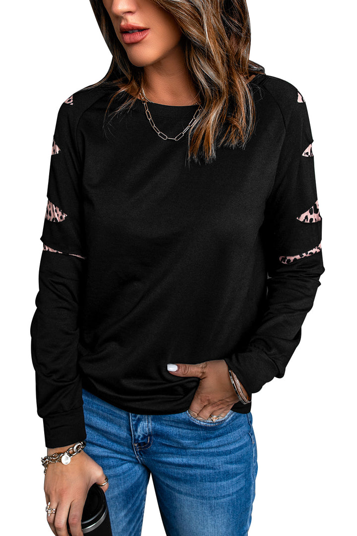 Womens Leopard Insert Long Sleeve Black Sweatshirt