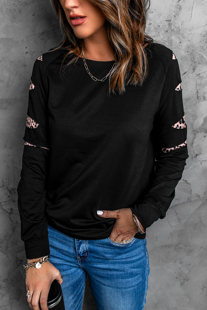 Womens Leopard Insert Long Sleeve Black Sweatshirt