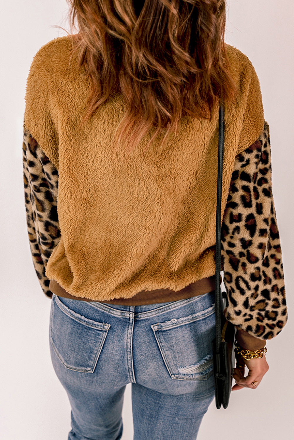 Brown Leopard Sleeve Patchwork Fleece Pullover Sweatshirt