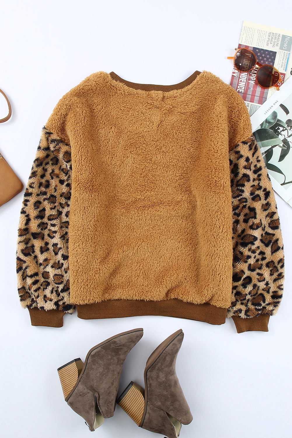 Brown Leopard Sleeve Patchwork Fleece Pullover Sweatshirt
