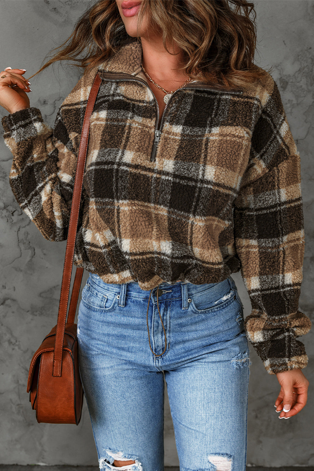 Womens Brown Zip Collar Plaid Pattern Fleece Sweatshirt