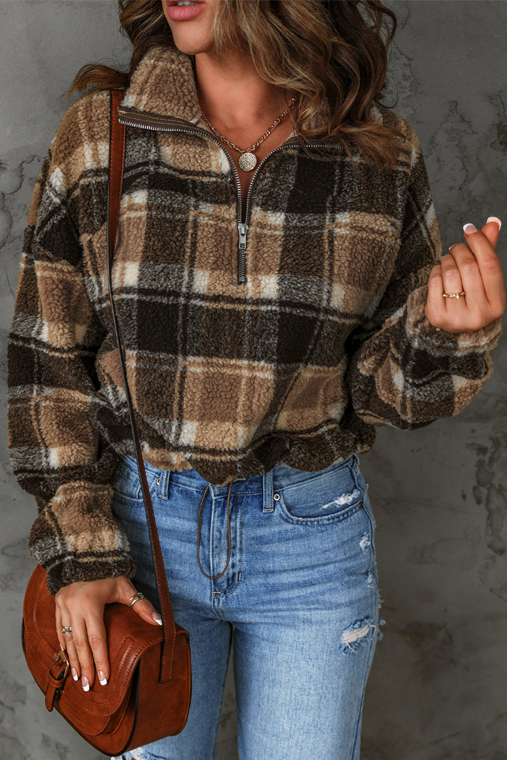 Womens Brown Zip Collar Plaid Pattern Fleece Sweatshirt