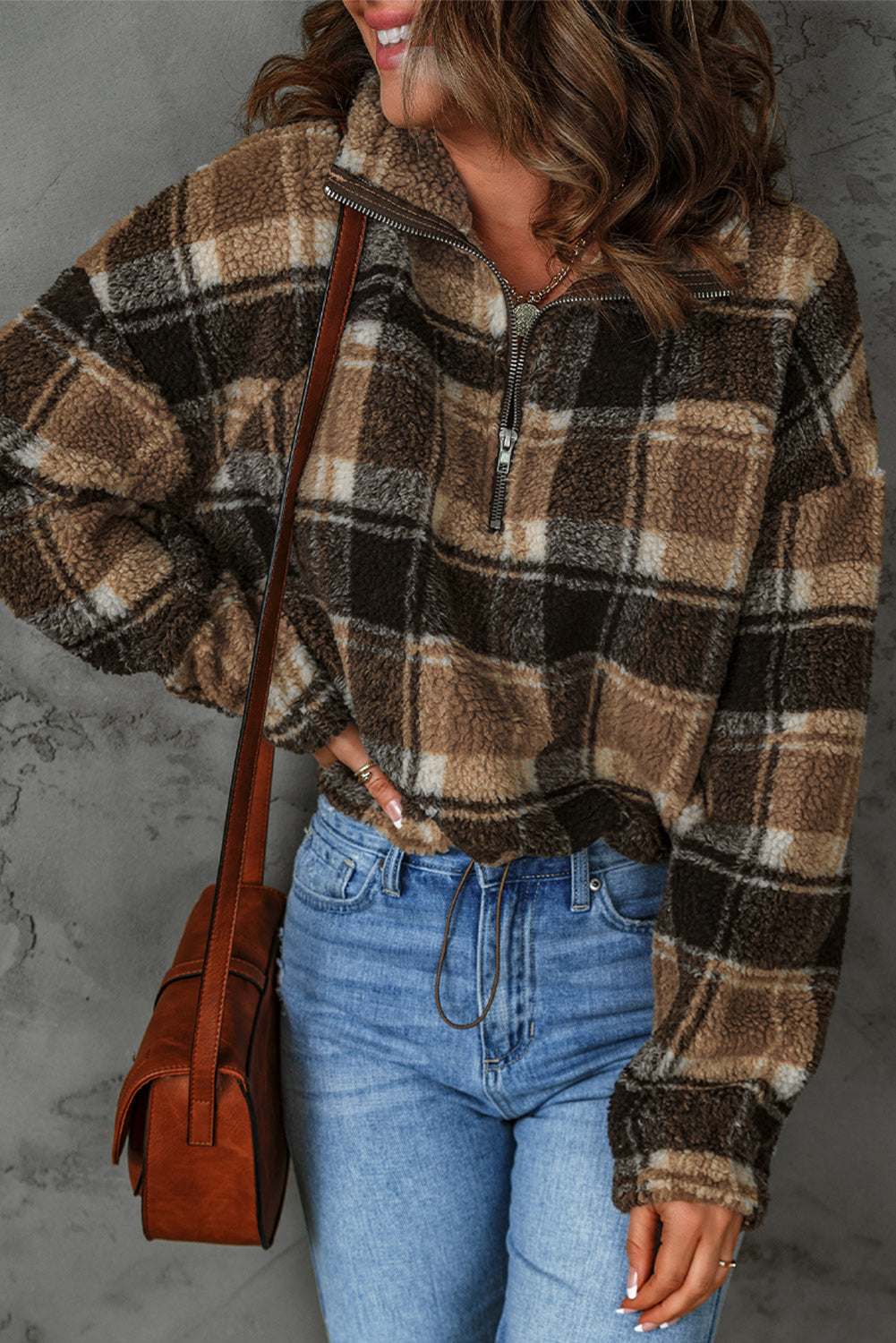 Womens Brown Zip Collar Plaid Pattern Fleece Sweatshirt