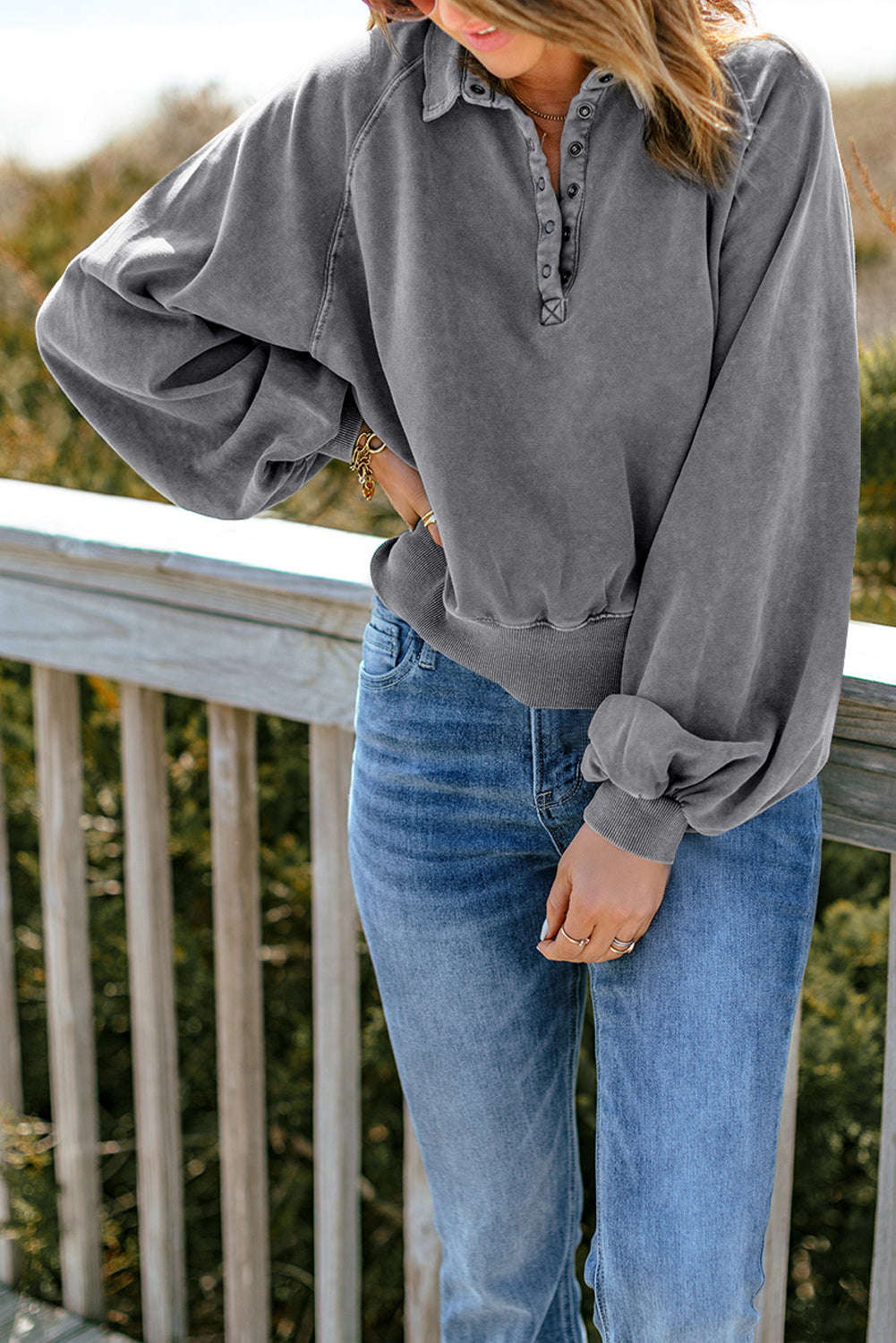 Womens Gray Washed Snap Buttons Lantern Sleeve Pullover Sweatshirt