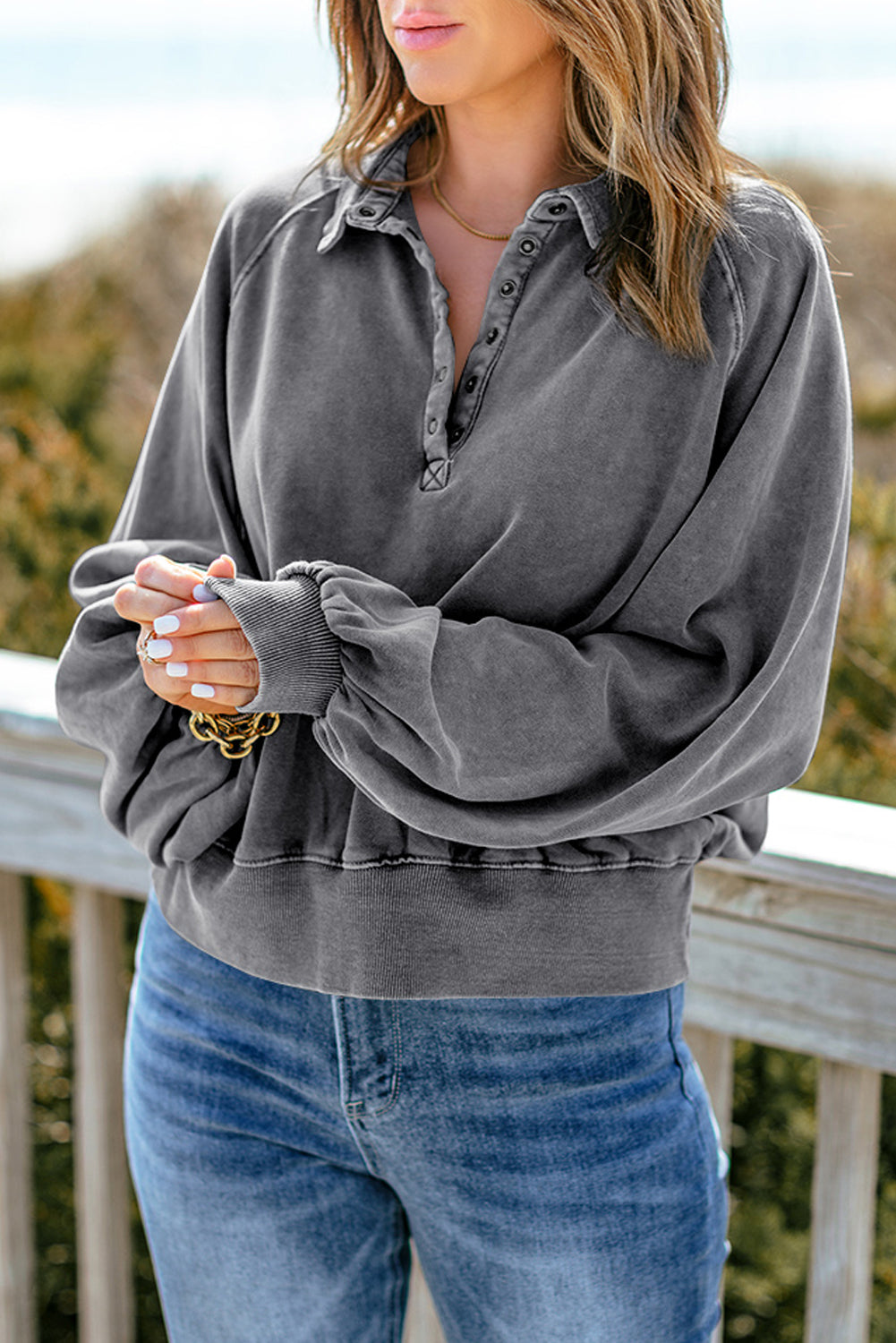 Womens Gray Washed Snap Buttons Lantern Sleeve Pullover Sweatshirt