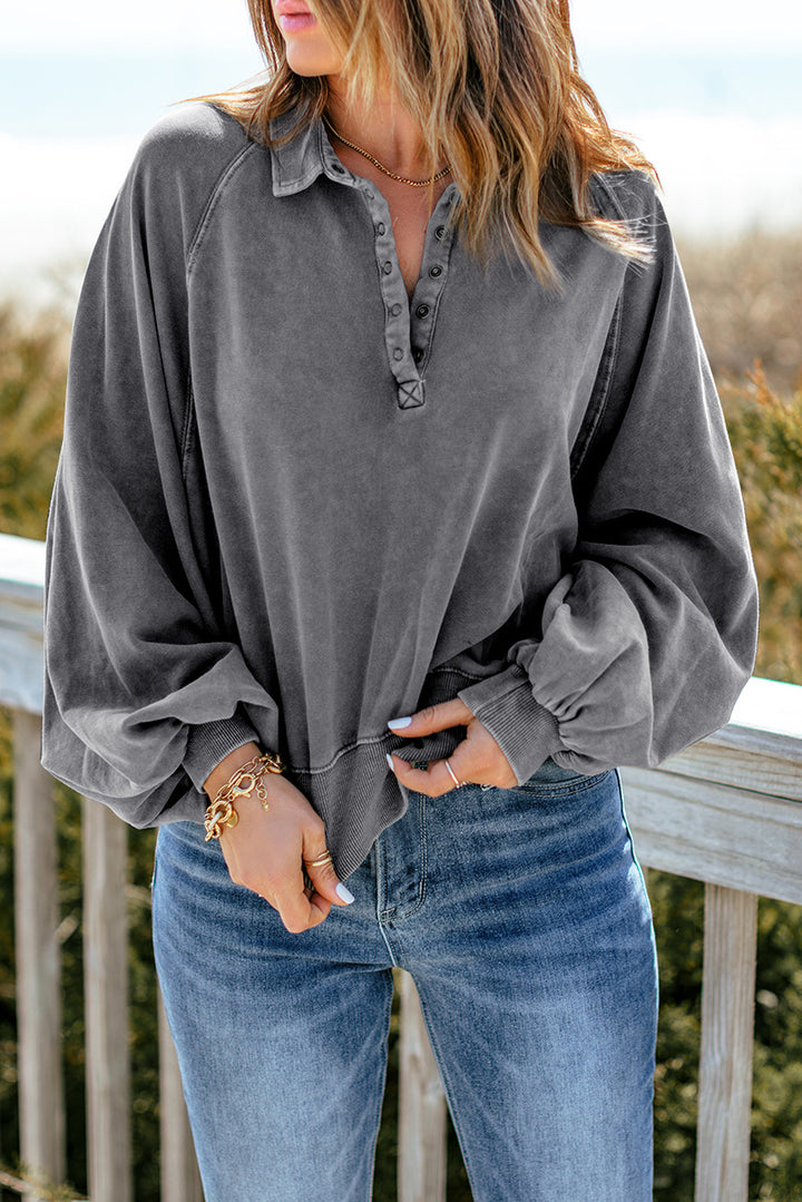 Womens Gray Washed Snap Buttons Lantern Sleeve Pullover Sweatshirt
