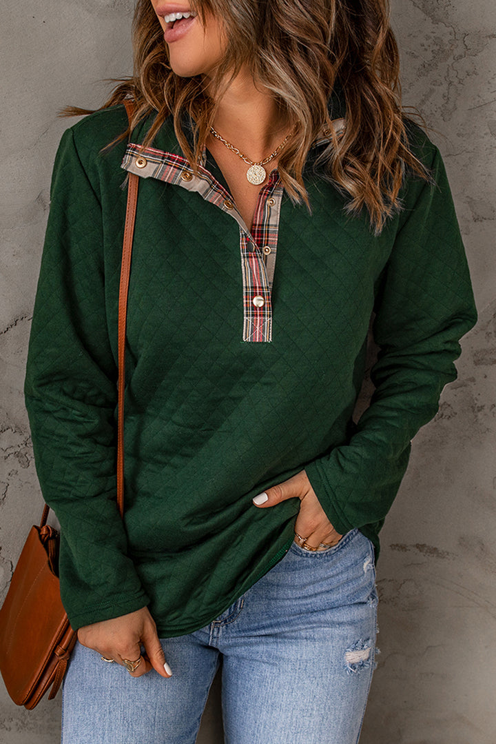 Womens Green Geometric Texture Plaid Trim Sweatshirt