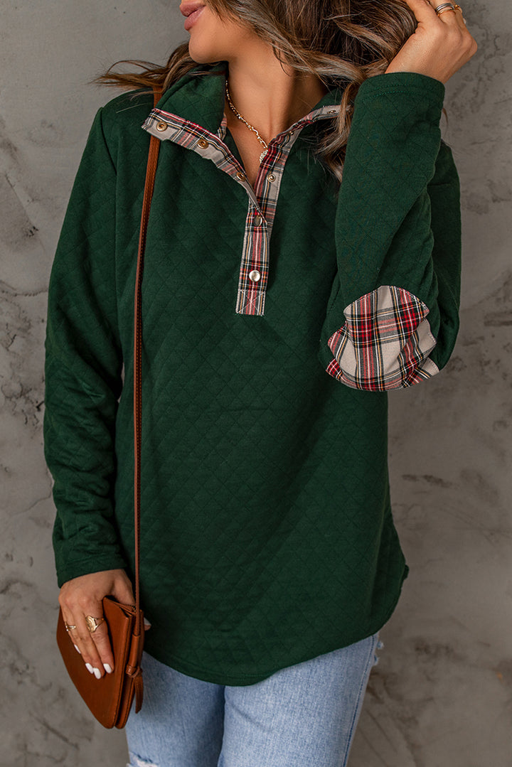 Womens Green Geometric Texture Plaid Trim Sweatshirt