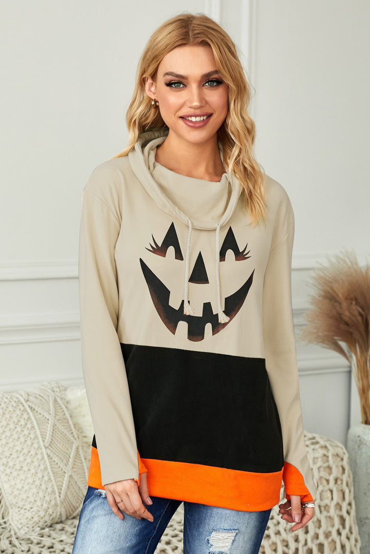 Cute Black Cowl Neck Pumpkin Print Color Block Halloween Sweatshirt