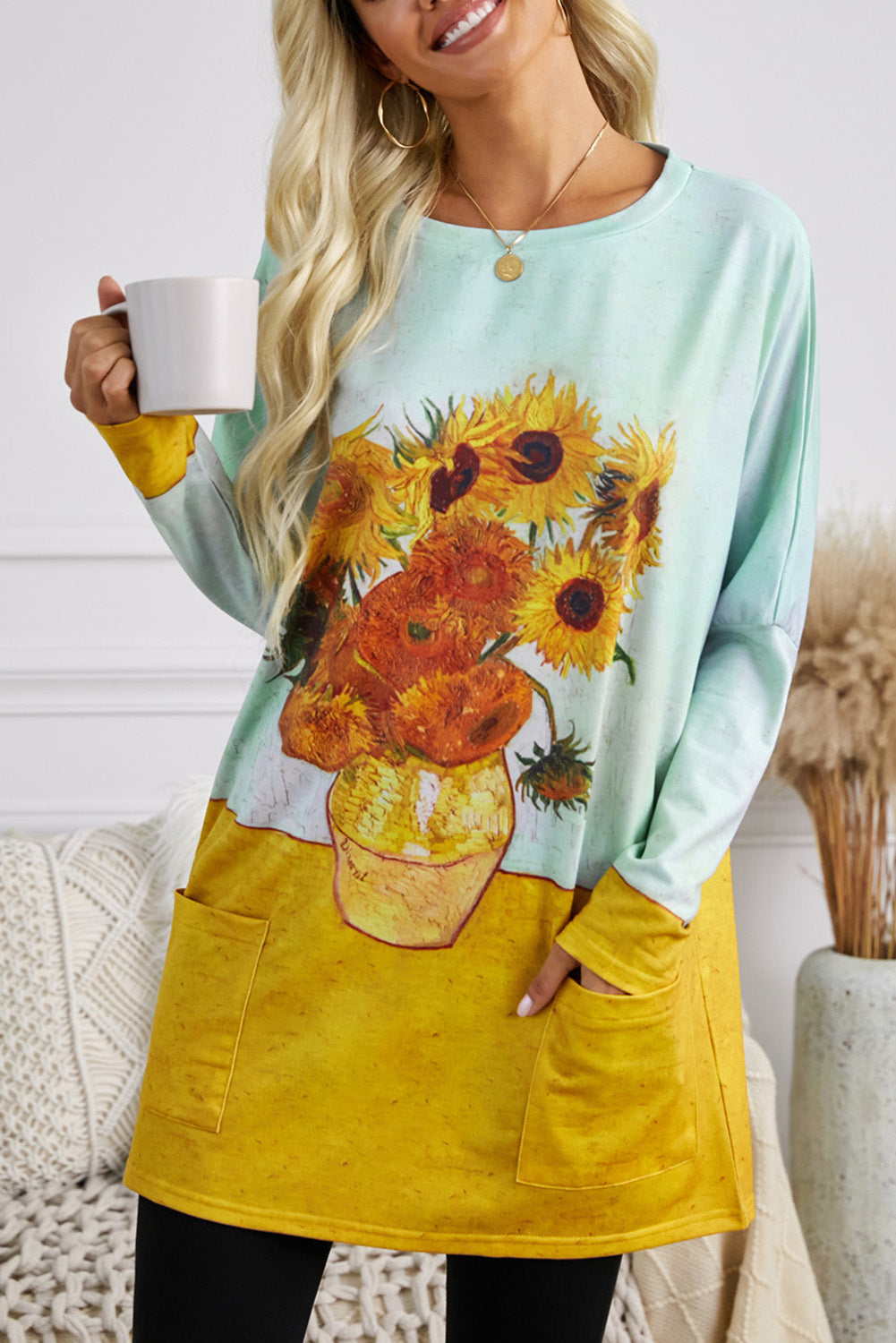 Orange Sunflower Printing Long Sleeve Tunic Top With Two Side Pockets