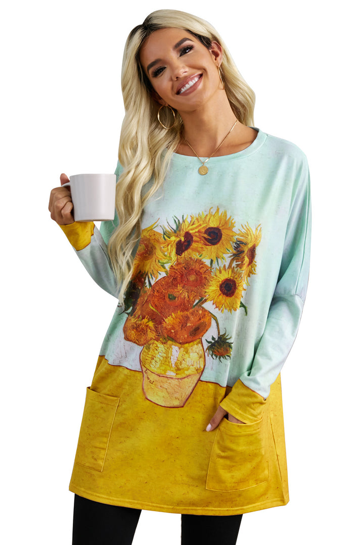 Orange Sunflower Printing Long Sleeve Tunic Top With Two Side Pockets