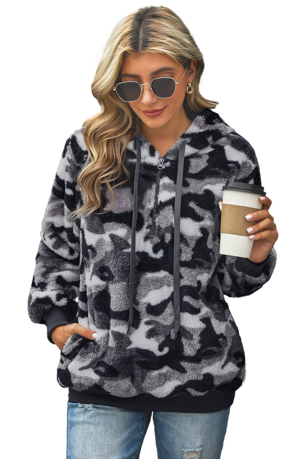 Winter Women's Gray Camo Print Warm Furry Pullover Hoodie