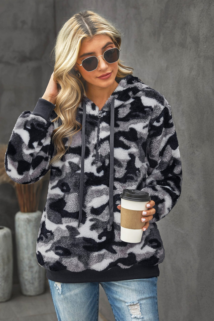Winter Women's Gray Camo Print Warm Furry Pullover Hoodie