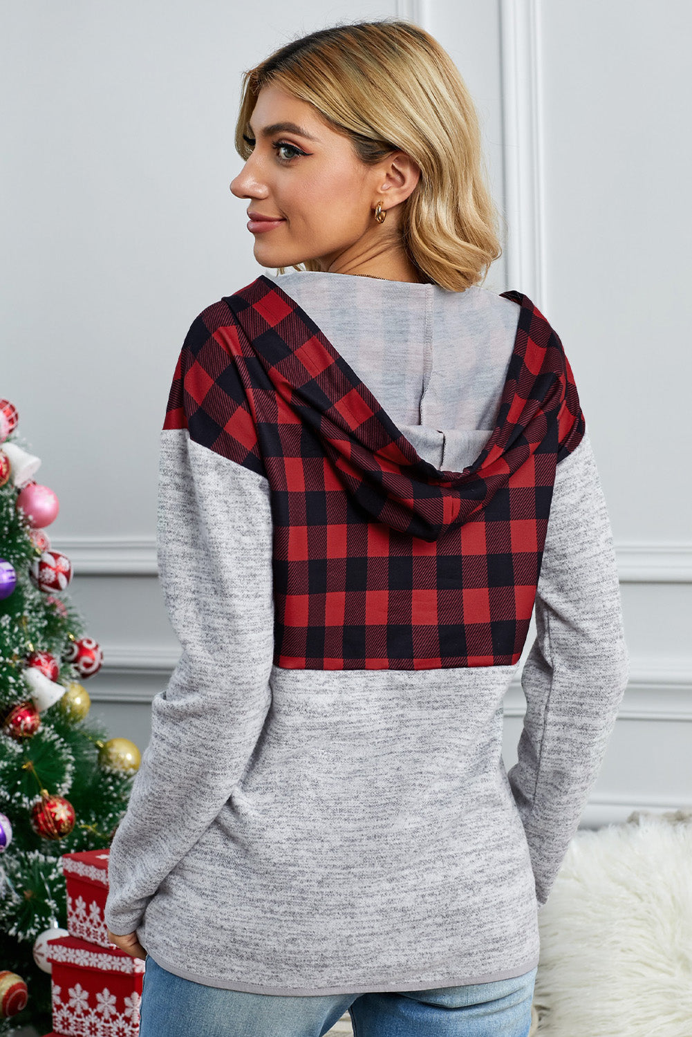 Red Plaid Gray Hoodie