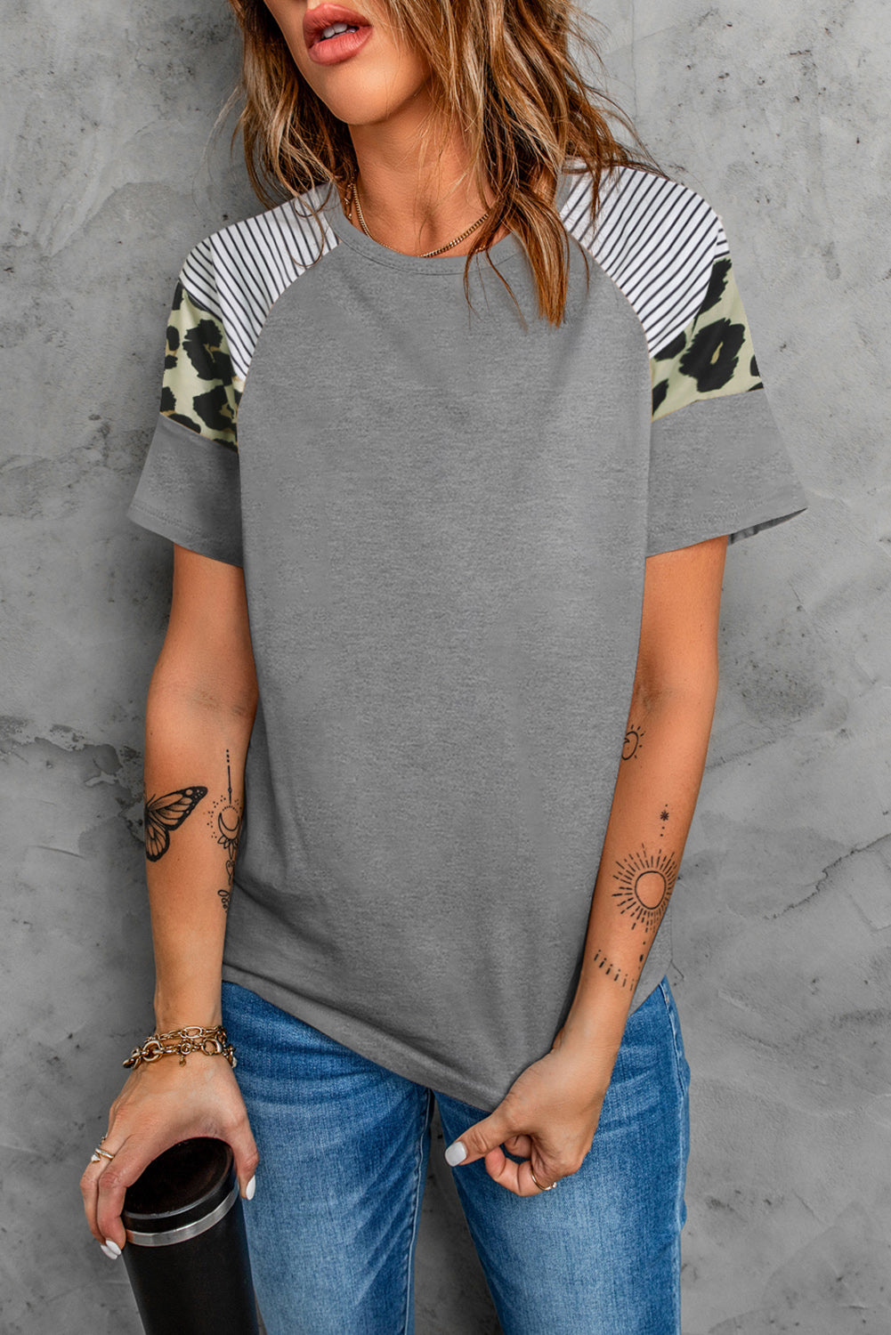 Gray Striped Leopard Print Short Sleeve T-shirt For Women