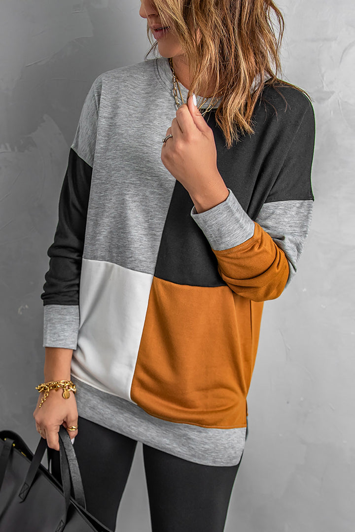 Women's Gray Color Block Round Neck Long Sleeves Pullover Sweatshirt