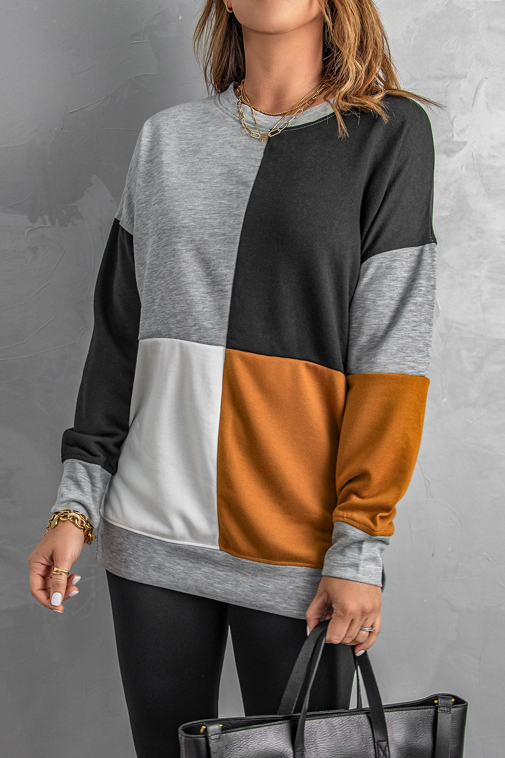 Women's Gray Color Block Round Neck Long Sleeves Pullover Sweatshirt