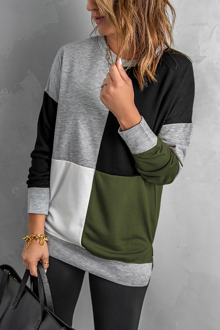 Womens Green Color Block Round Neck Pullover Sweatshirt