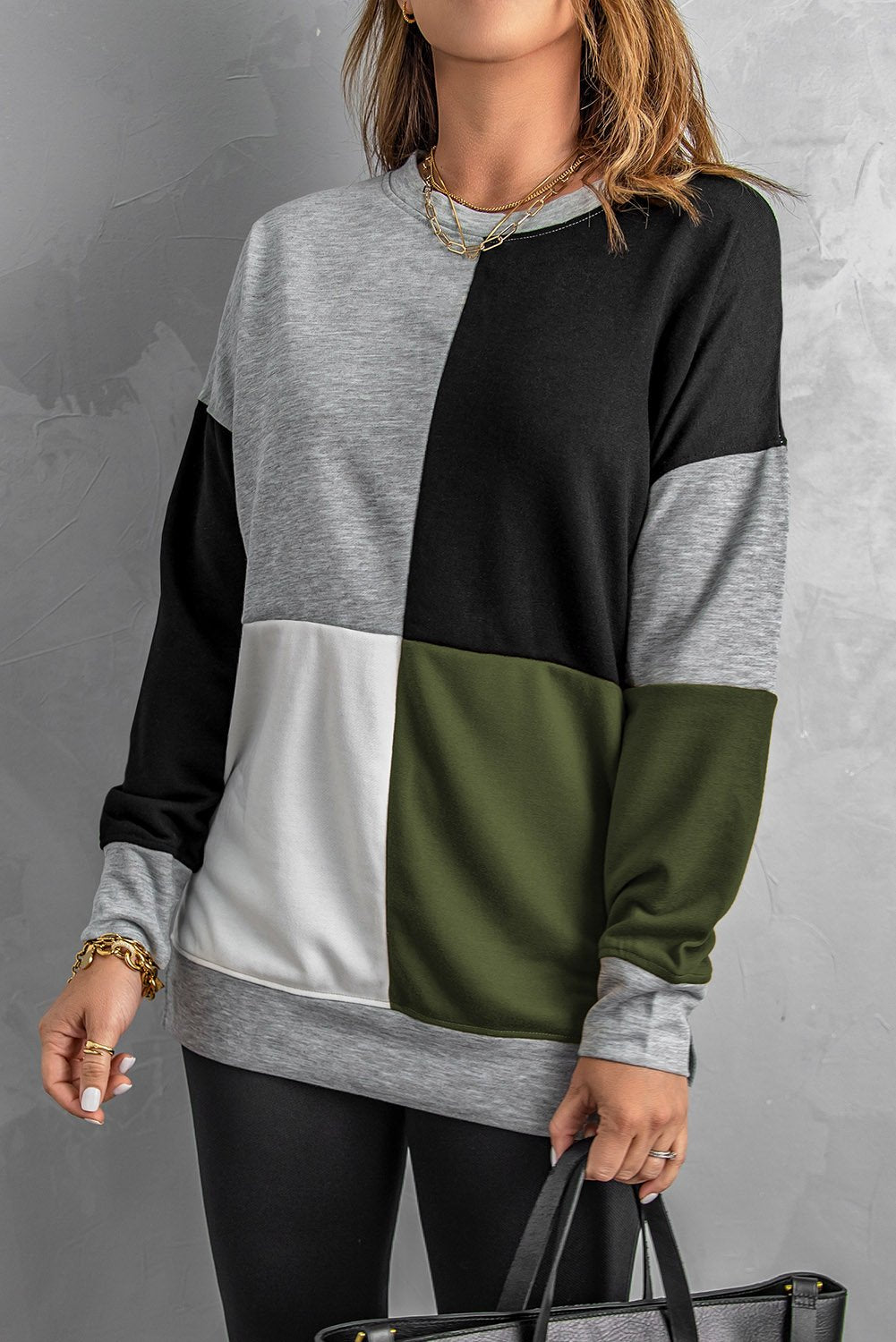 Womens Green Color Block Round Neck Pullover Sweatshirt