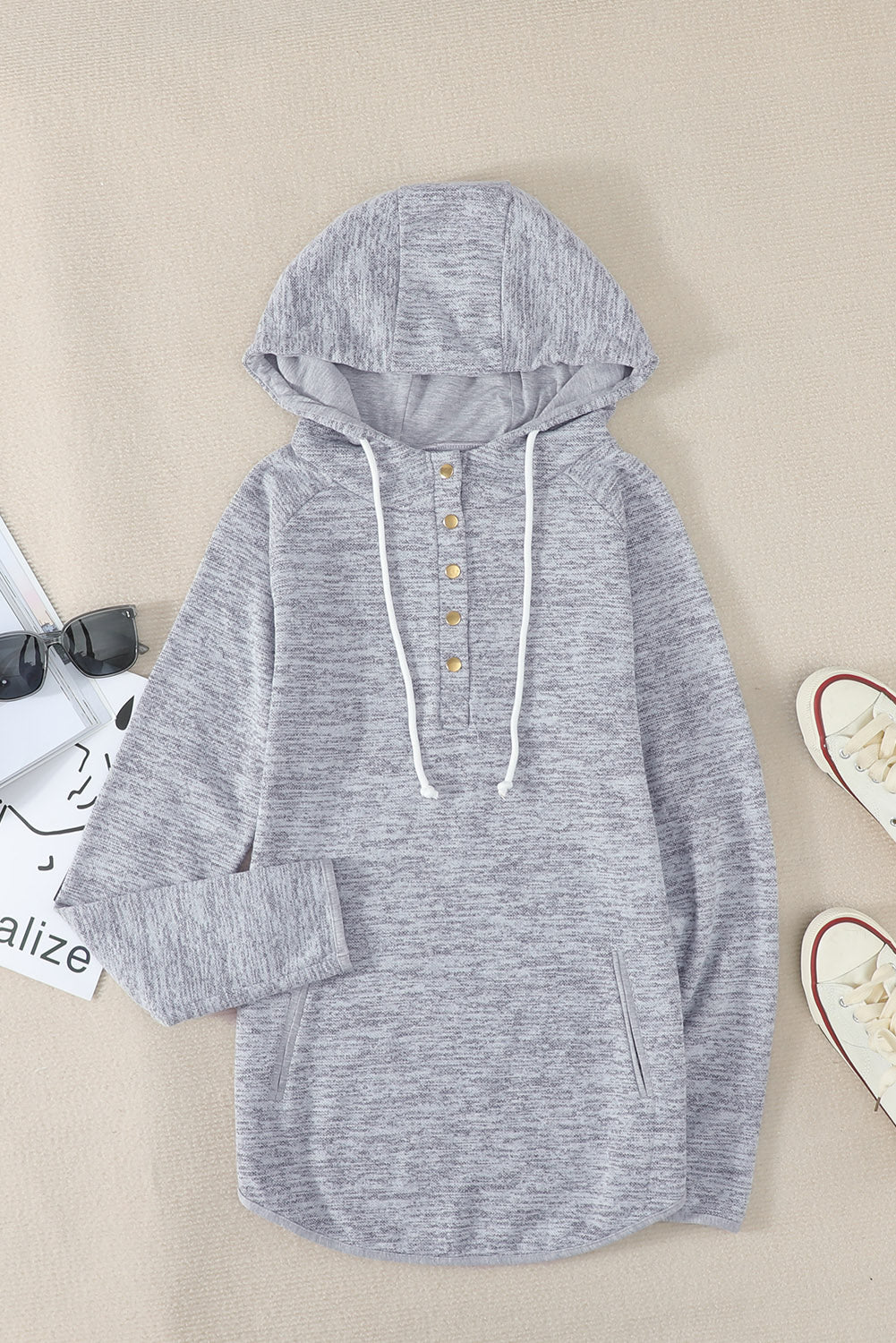 Women's Gray Pocket Design Buttoned Casual Hoodie