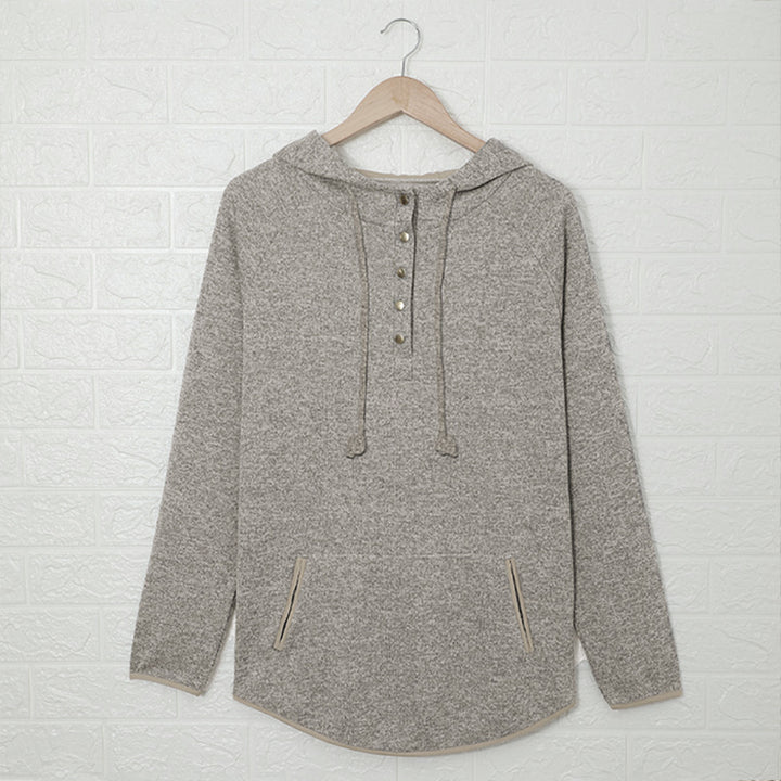 Brauner melierter Kapuzenpullover für Damen mit Druckknopfverschluss am Kragen