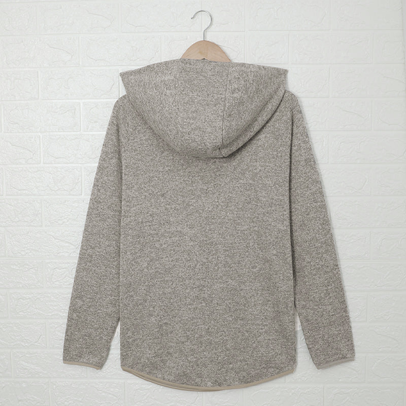 Brauner melierter Kapuzenpullover für Damen mit Druckknopfverschluss am Kragen