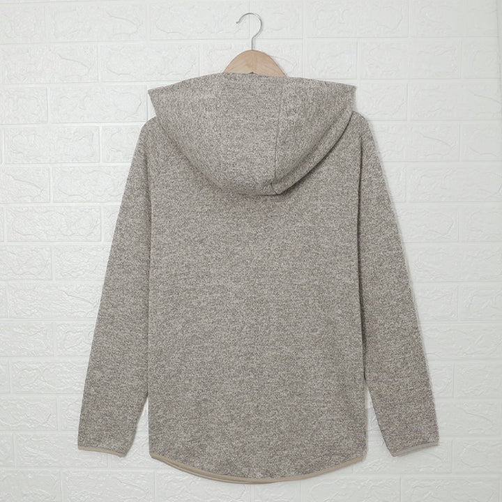 Brauner melierter Kapuzenpullover für Damen mit Druckknopfverschluss am Kragen