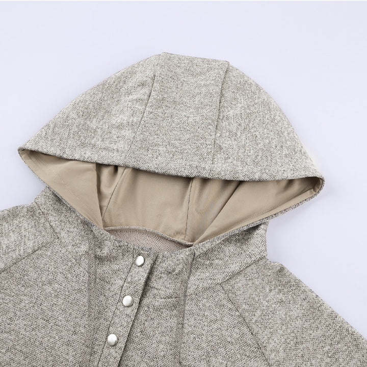 Brauner melierter Kapuzenpullover für Damen mit Druckknopfverschluss am Kragen