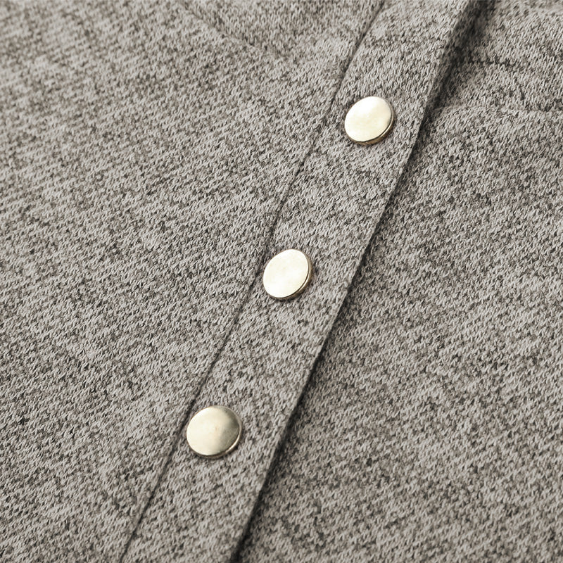 Brauner melierter Kapuzenpullover für Damen mit Druckknopfverschluss am Kragen