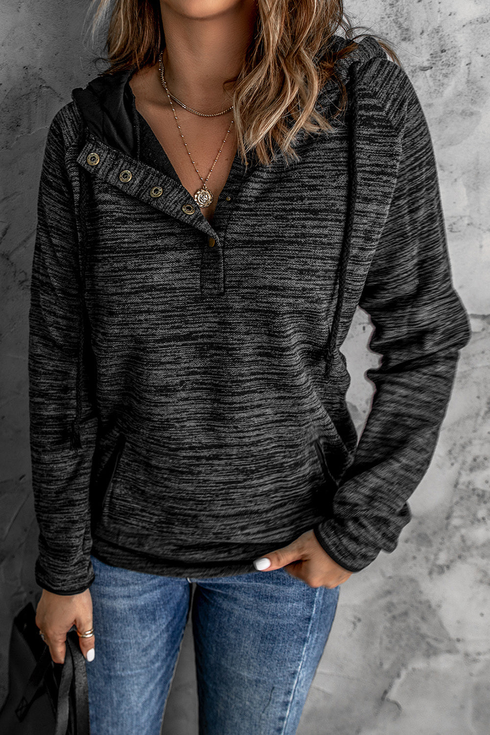 Women's Black Heathered Print Button Snap Neck Pullover Hoodie