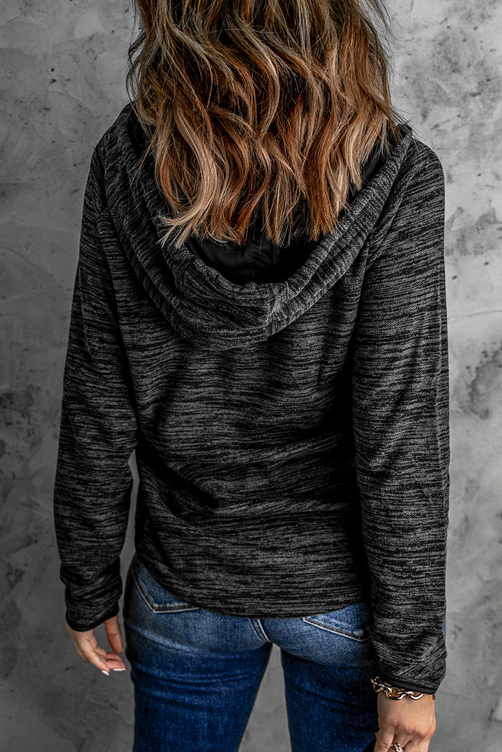 Women's Black Heathered Print Button Snap Neck Pullover Hoodie