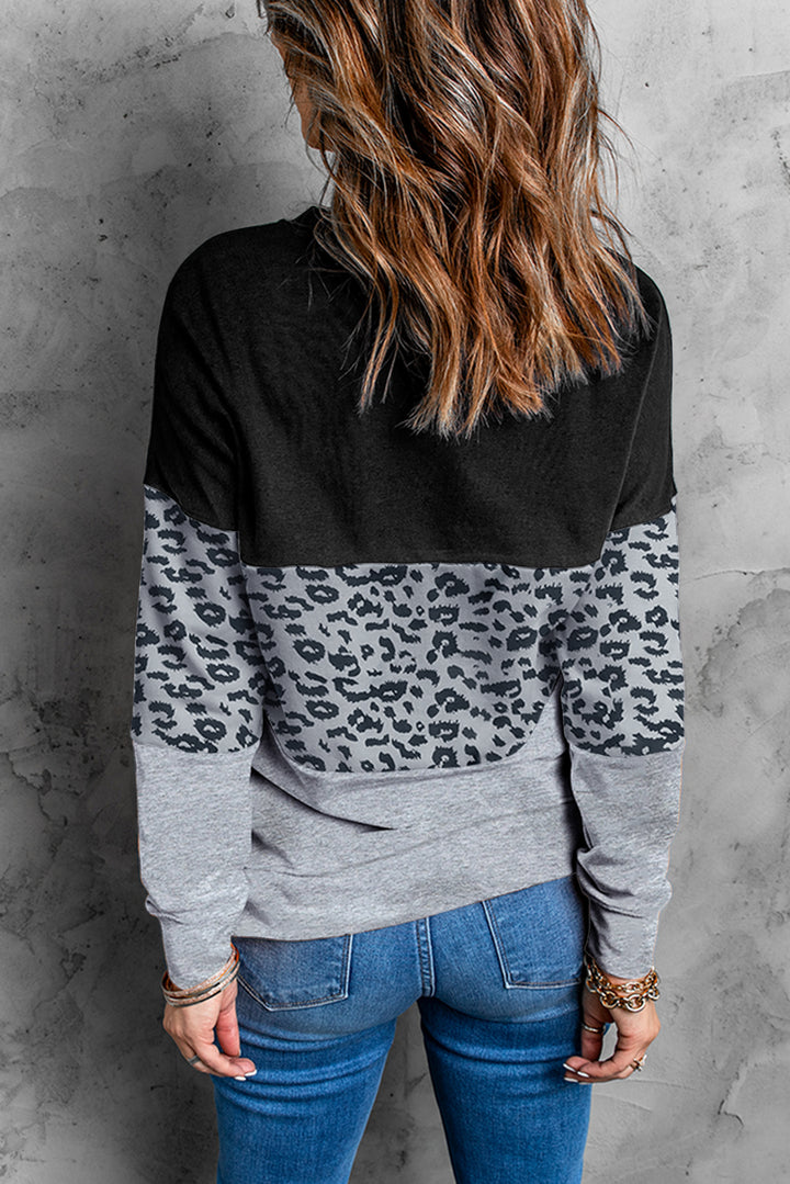 Gray Colorblock Leopard Contrast Stitching Sweatshirt with Slits