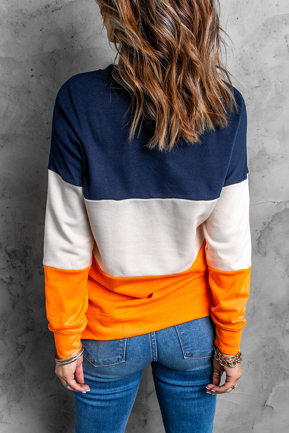 Casual Colorblock Orange Contrast Stitching Sweatshirt with Slits