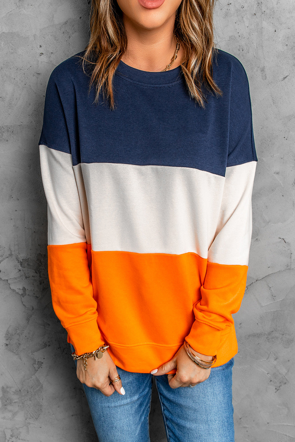 Casual Colorblock Orange Contrast Stitching Sweatshirt with Slits