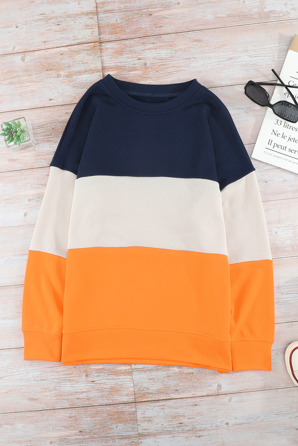 Casual Colorblock Orange Contrast Stitching Sweatshirt with Slits