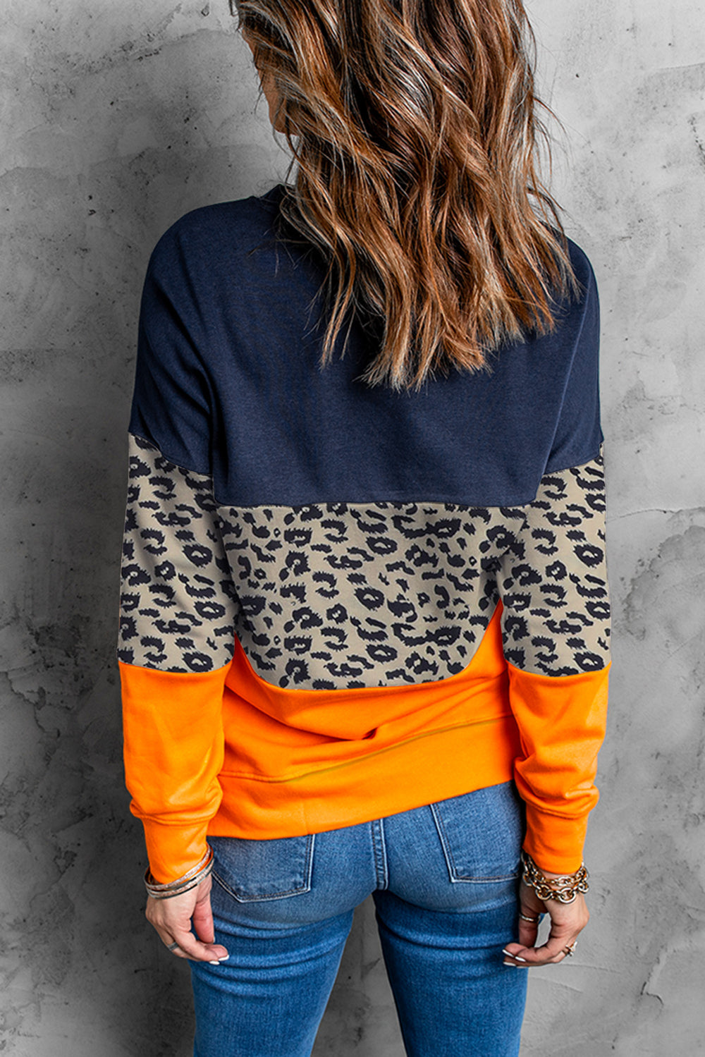 Casual Colorblock Blue Leopard Contrast Stitching Sweatshirt with Slits