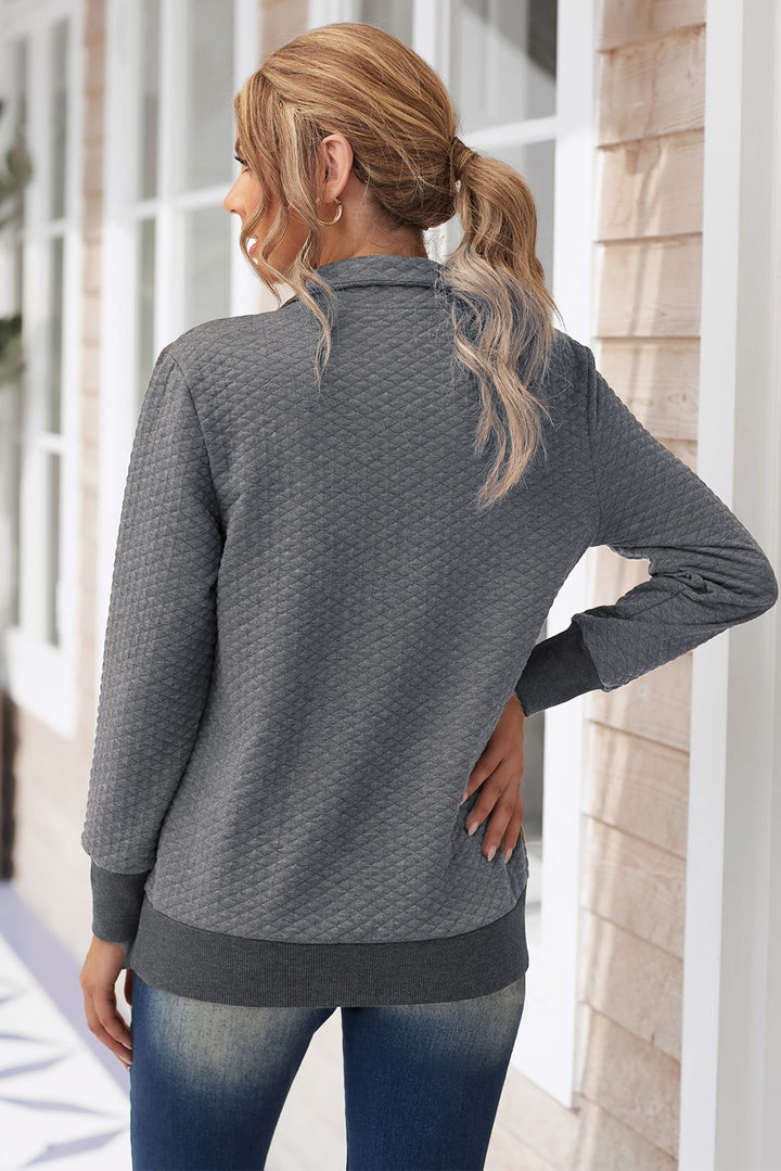 Women's Casual Dark Gray Quilted Snaps Stand Neck Sweatshirt