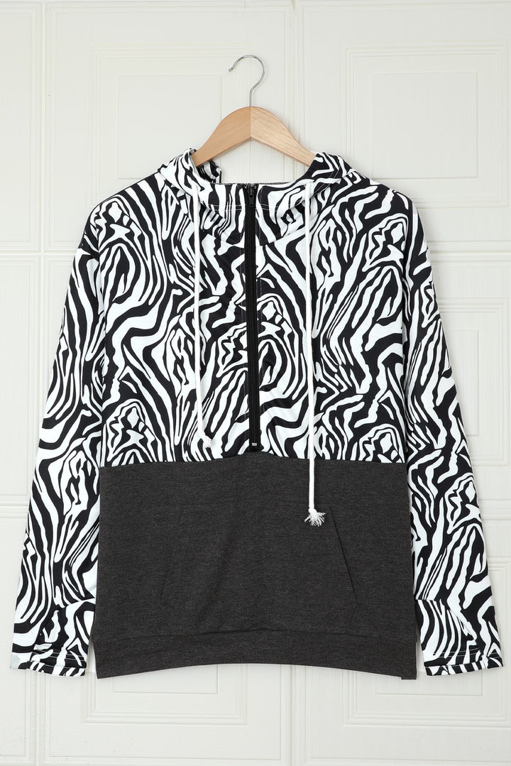 Zebra Print Patchwork Zipper Hoodie with Kangaroo Pocket