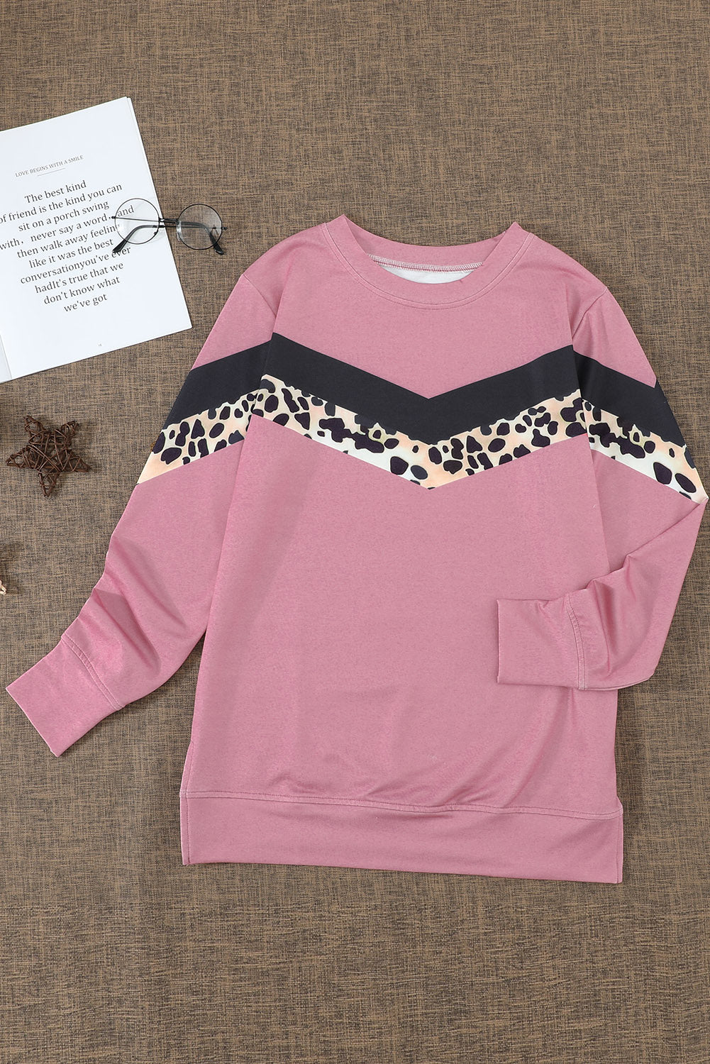 Women's Pink Leopard Print Crew Neck Color Block Sweatshirt