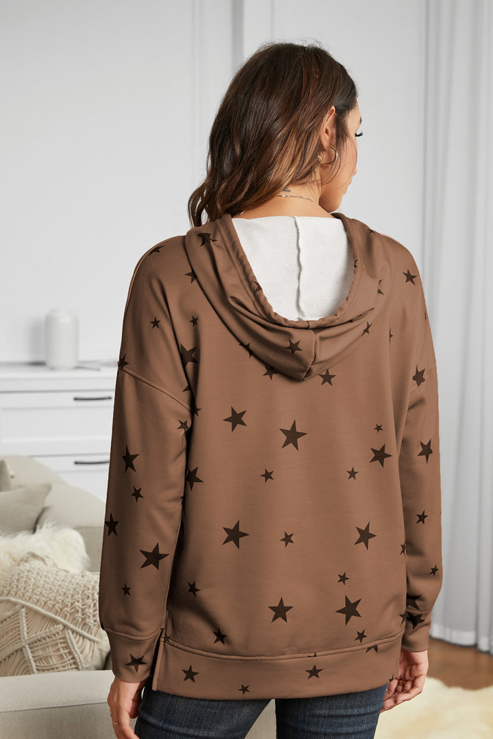 Women's Khaki Star Print Hoodie with Side Slits