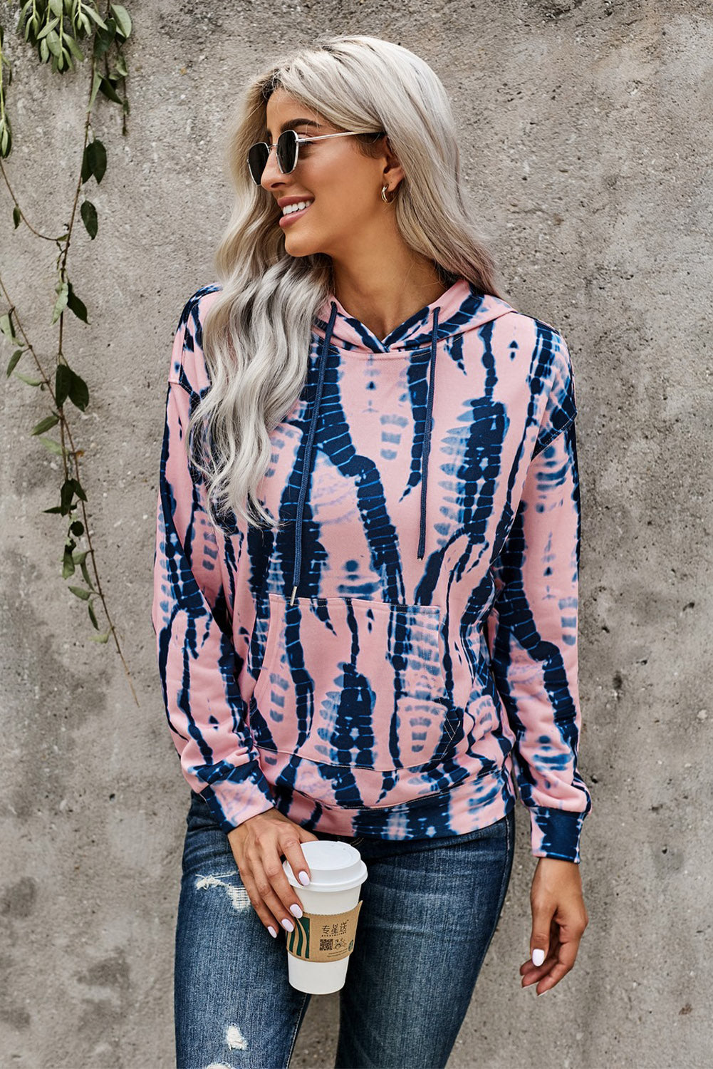 Women's Casual Pink Tie-dye Print Pullover Hoodie