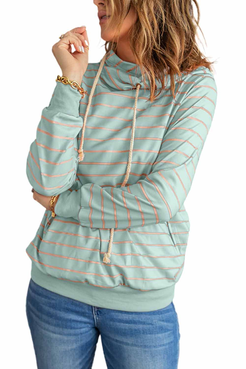 Green Striped Turtleneck Hoodie with Pocket