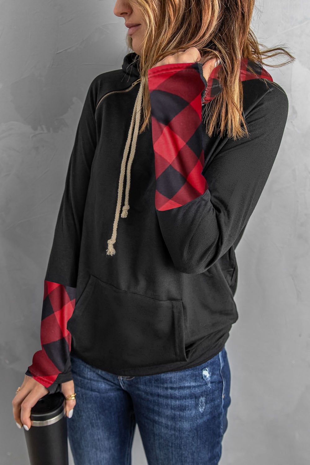 Women's Red Plaid Double Hoods Thumb Hole Hoodie