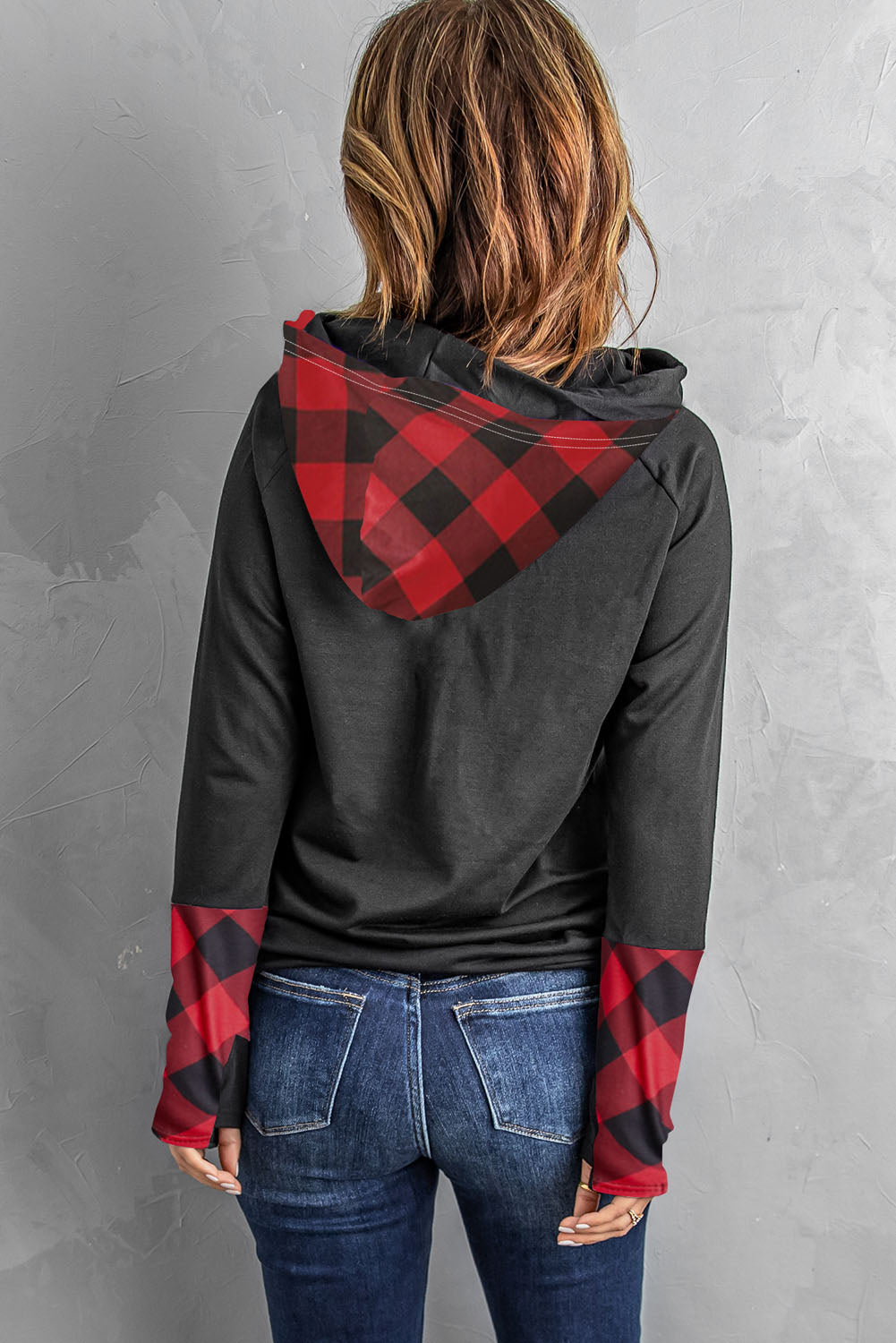 Women's Red Plaid Double Hoods Thumb Hole Hoodie