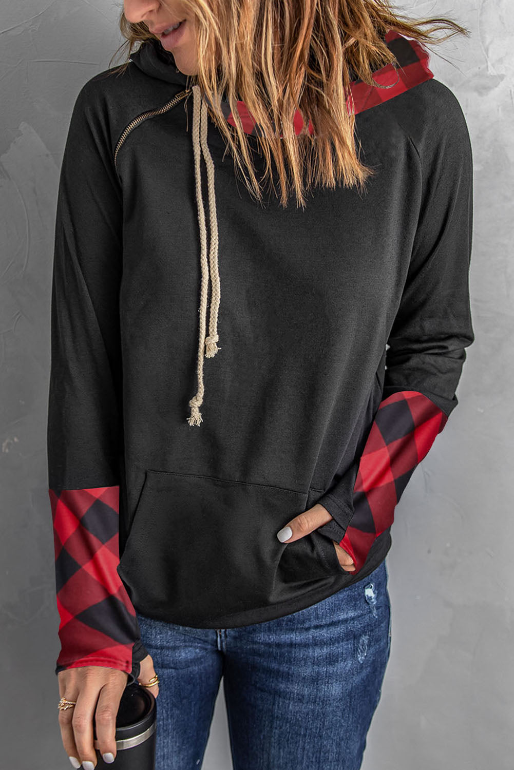 Women's Red Plaid Double Hoods Thumb Hole Hoodie