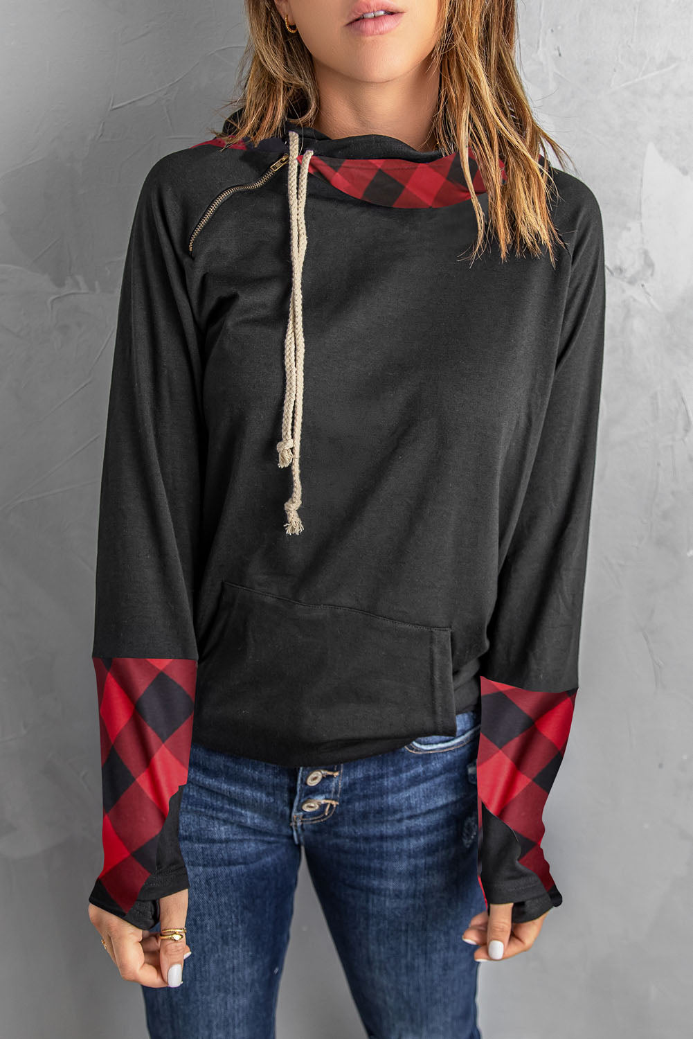 Women's Red Plaid Double Hoods Thumb Hole Hoodie