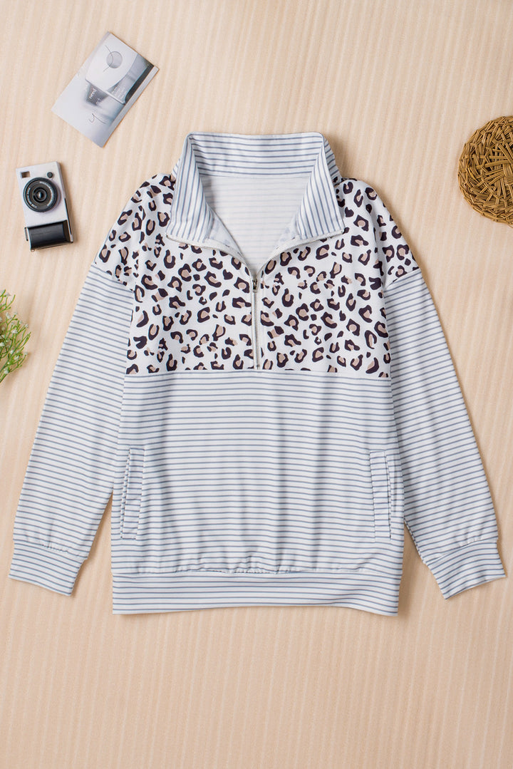 Womens Leopard Splicing Zipper Collar Striped Sweatshirt